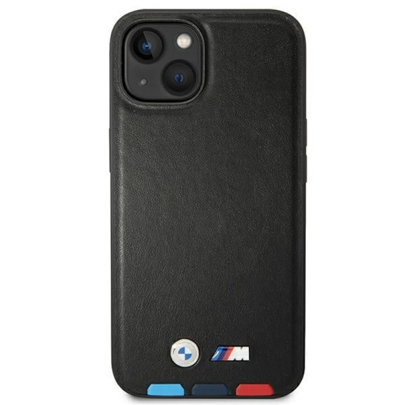 Θήκη BMW BMHMP14M22PTDK για Apple iPhone 14 Plus / 15 Plus, Leather Stamp Tricolor MagSafe, μαύρη