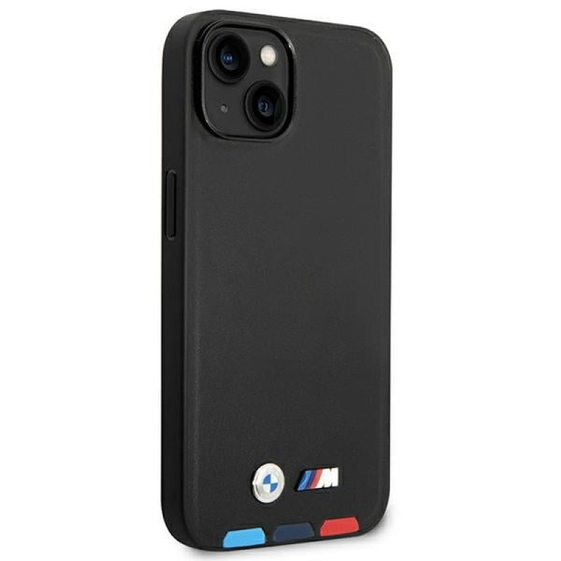 Θήκη BMW BMHMP14M22PTDK για Apple iPhone 14 Plus / 15 Plus, Leather Stamp Tricolor MagSafe, μαύρη