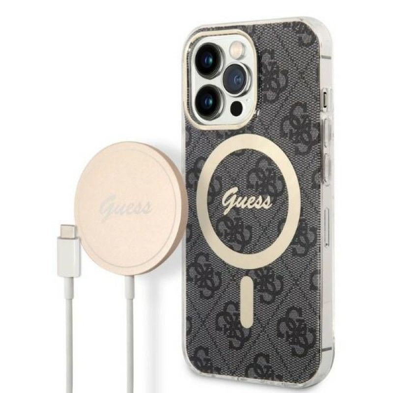 Guess GUBPP13LH4EACSK Θήκη + Ασύρματος Φορτιστής σετ για Apple iPhone 13 Pro, μαύρη σκληρή θήκη 4G Print MagSafe