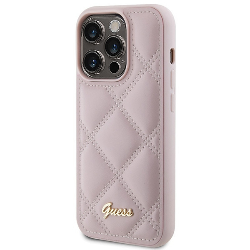 Guess GUHCP15LPSQSQSP Quilted Metal Logo θήκη hardcase για Apple iPhone 15 Pro, ροζ