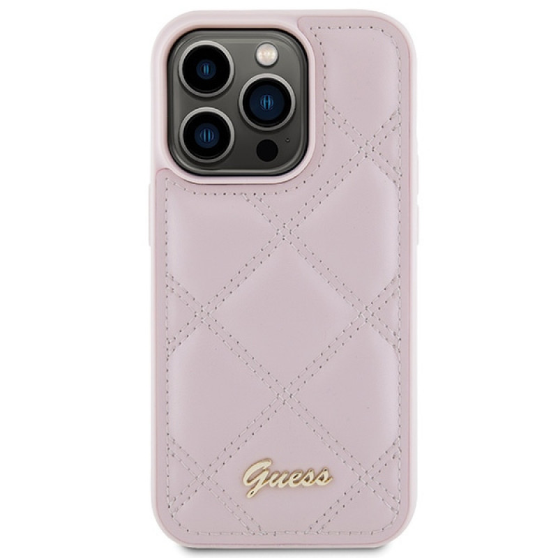 Guess GUHCP15LPSQSQSP Quilted Metal Logo θήκη hardcase για Apple iPhone 15 Pro, ροζ