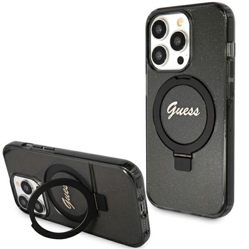 Guess GUHMP15XHRSGSK Θήκη Ring Stand Script Glitter MagSafe για Apple iPhone 15 Pro Max, Μαύρη