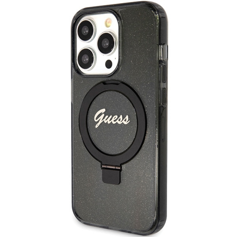 Guess GUHMP15XHRSGSK Θήκη Ring Stand Script Glitter MagSafe για Apple iPhone 15 Pro Max, Μαύρη