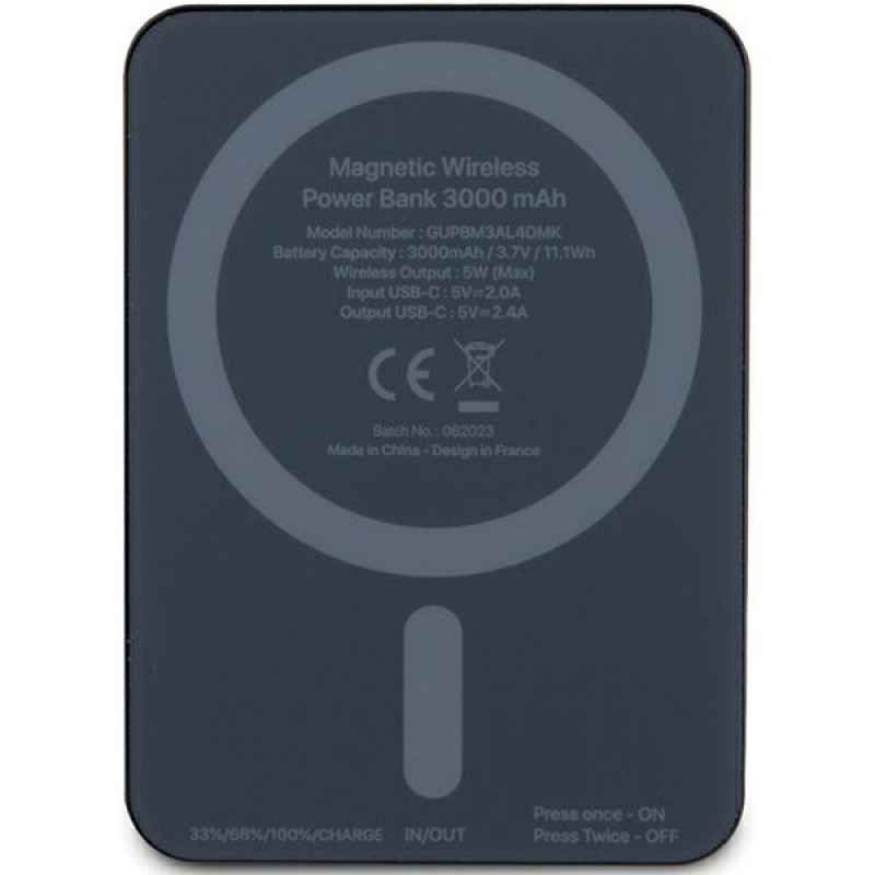 Guess GUPBM3ALGSGK Powerbank 3000 mAh, 5 W, MagSafe Metal Script Logo, μαύρο