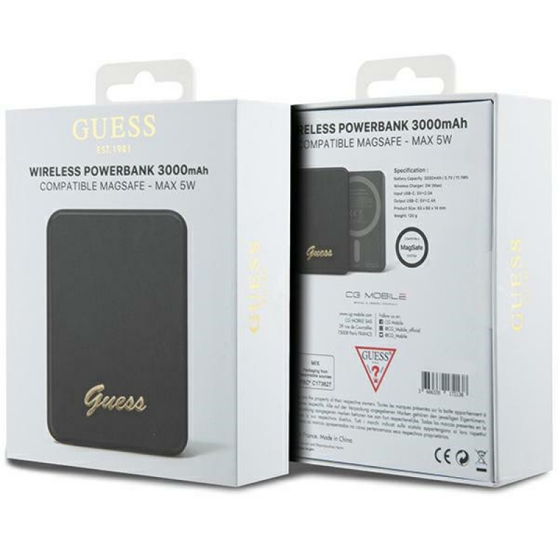 Guess GUPBM3ALGSGK Powerbank 3000 mAh, 5 W, MagSafe Metal Script Logo, μαύρο