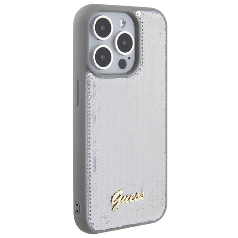 Guess GUHCP15LPSFDGSS Sequin Script Metal σκληρή θήκη για Apple iPhone 15 Pro, ασημί