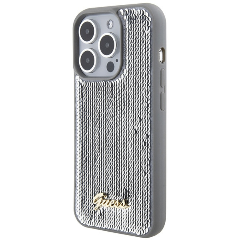 Guess GUHCP15XPSFDGSS Sequin Script Metal σκληρή θήκη για Apple iPhone 15 Pro Max, ασημί