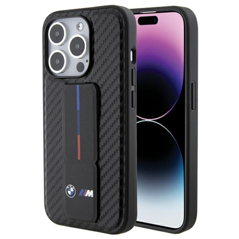 BMW BMHCP15LGSPCCK Apple iPhone 15 Pro θήκη σκληρή Grip Stand Smooth & Carbon, μαύρη