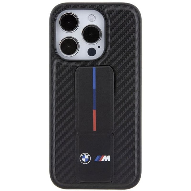 BMW BMHCP15LGSPCCK Apple iPhone 15 Pro θήκη σκληρή Grip Stand Smooth & Carbon, μαύρη