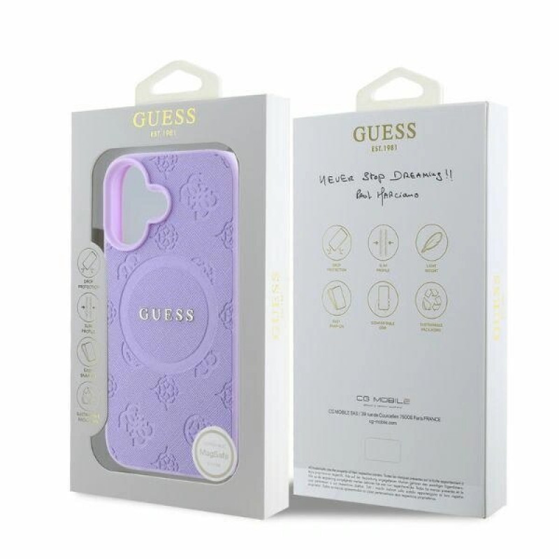 Θήκη MagSafe Guess Saffiano Peony Stamp για Apple iPhone 16, μωβ
