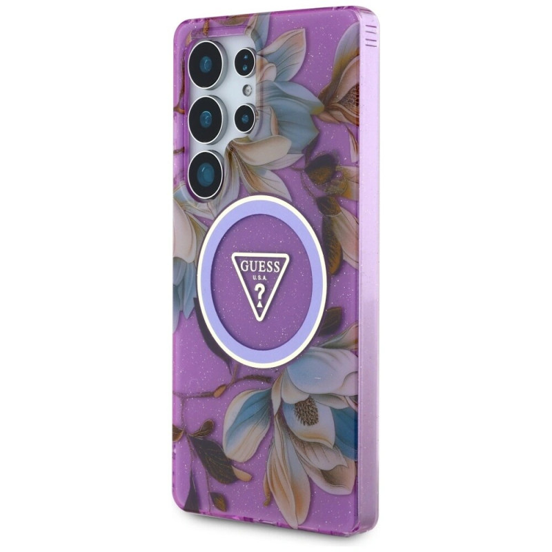 Θήκη MagSafe Guess Glitter Flowers Triangle Buttons για Samsung Galaxy S25 Ultra, μωβ