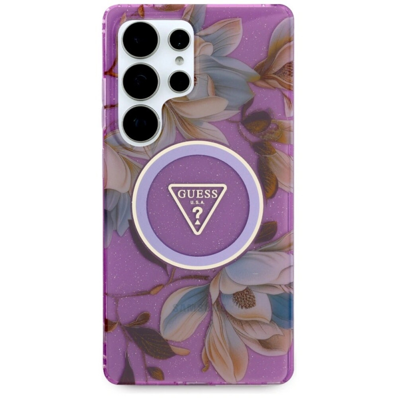 Θήκη MagSafe Guess Glitter Flowers Triangle Buttons για Samsung Galaxy S25 Ultra, μωβ