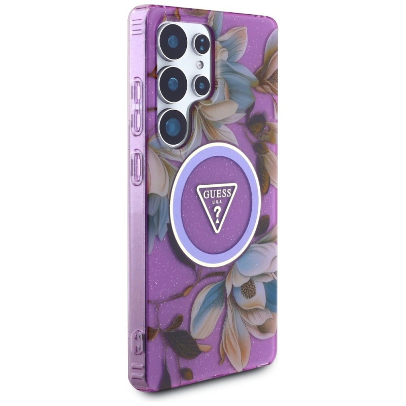 Θήκη MagSafe Guess Glitter Flowers Triangle Buttons για Samsung Galaxy S25 Ultra, μωβ