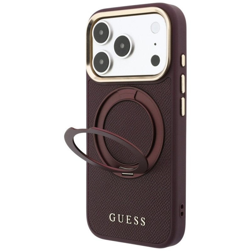 Θήκη Guess Ring Stand 360 Grained Classic Logo MagSafe για Apple iPhone 18 Pro / 17 Pro, βυσσινί