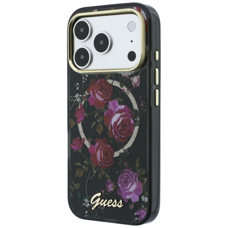 Guess GUE6042 IML Glitter Blossom Roses MagSafe θήκη σκληρή για Apple iPhone 18 Pro Max / 17 Pro Max, μαύρη