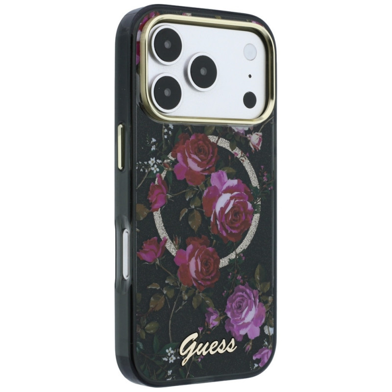 Guess GUE6042 IML Glitter Blossom Roses MagSafe θήκη σκληρή για Apple iPhone 18 Pro Max / 17 Pro Max, μαύρη