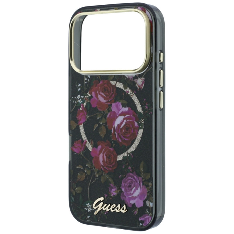 Guess GUE6042 IML Glitter Blossom Roses MagSafe θήκη σκληρή για Apple iPhone 18 Pro Max / 17 Pro Max, μαύρη