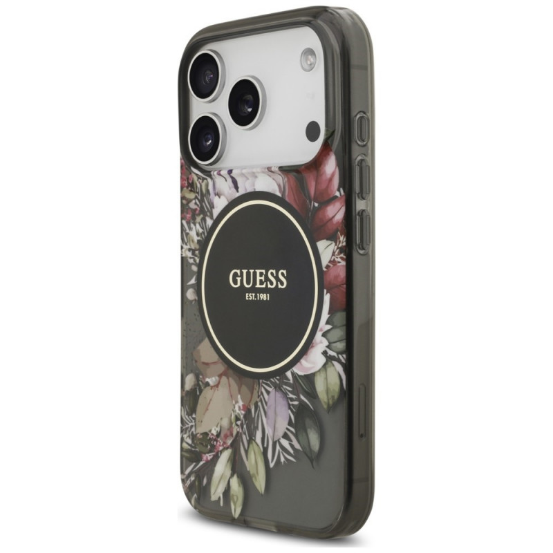 Θήκη MagSafe Guess IML Flowers Pearl Strap για Apple iPhone 18 Pro / 17 Pro, μαύρη