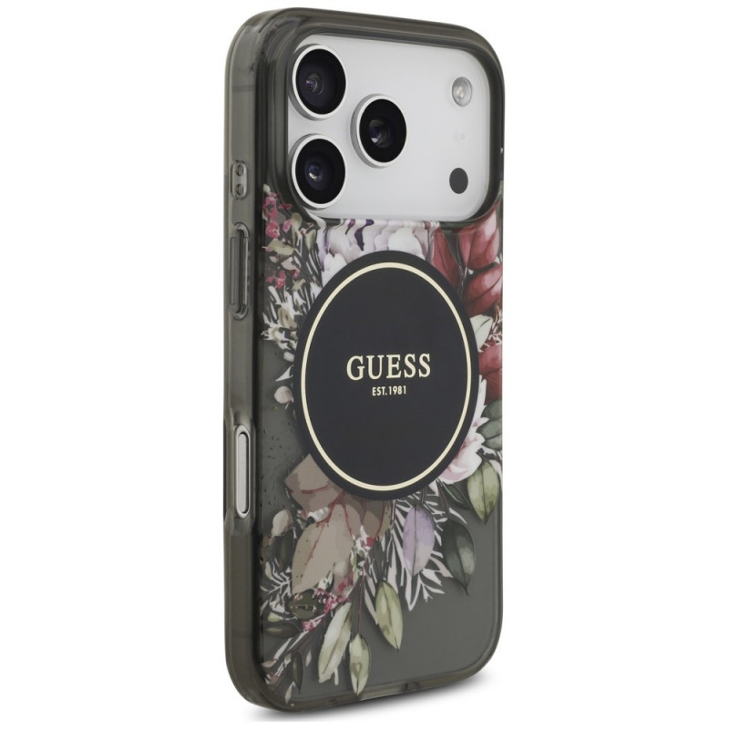 Θήκη MagSafe Guess IML Flowers Pearl Strap για Apple iPhone 18 Pro / 17 Pro, μαύρη