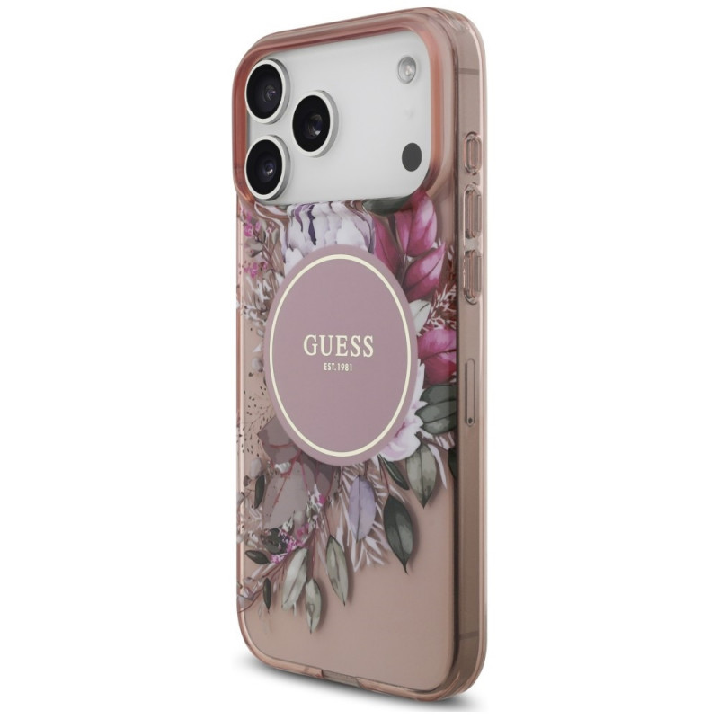 Θήκη MagSafe Guess IML Flowers Pearl Strap για Apple iPhone 18 Pro / 17 Pro, ροζ