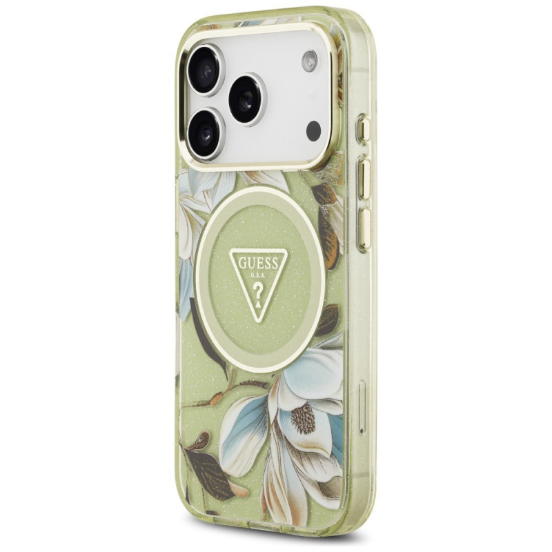 Θήκη Guess IML Glitter Flowers Triangle MagSafe για Apple iPhone 18 Pro Max / 17 Pro Max, πράσινη