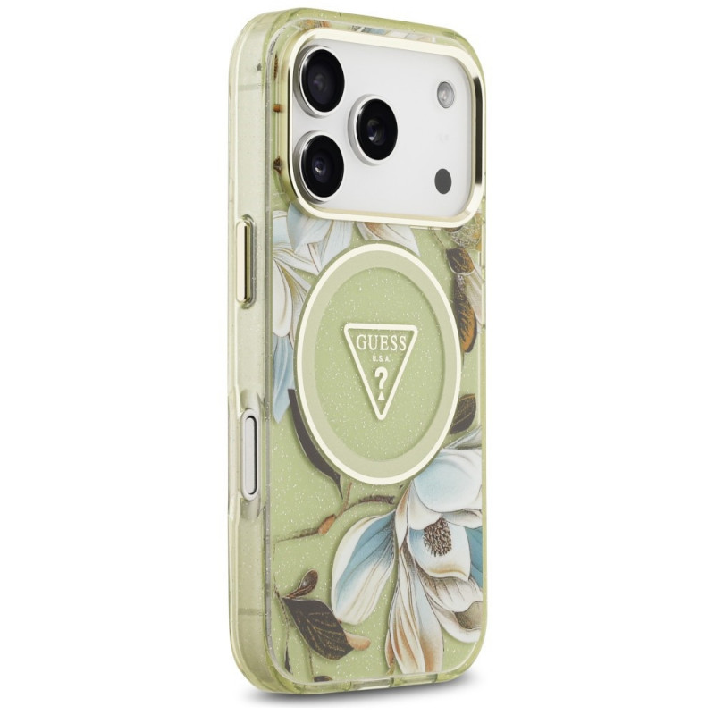 Θήκη Guess IML Glitter Flowers Triangle MagSafe για Apple iPhone 18 Pro Max / 17 Pro Max, πράσινη