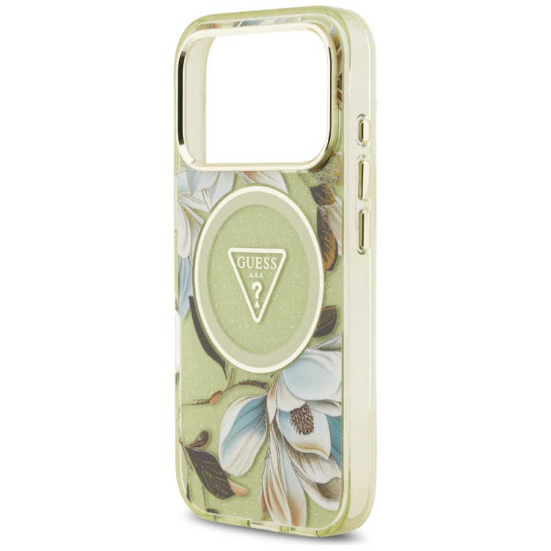Θήκη Guess IML Glitter Flowers Triangle MagSafe για Apple iPhone 18 Pro Max / 17 Pro Max, πράσινη