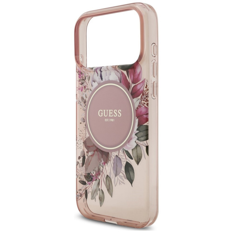 Θήκη Guess IML Flowers Pearl Strap MagSafe για Apple iPhone 18 Pro Max / 17 Pro Max, ροζ