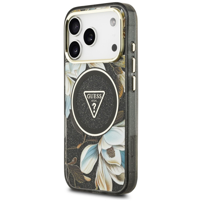 Θήκη Guess IML Glitter Flowers Triangle MagSafe για Apple iPhone 18 Pro Max / 17 Pro Max, μαύρη