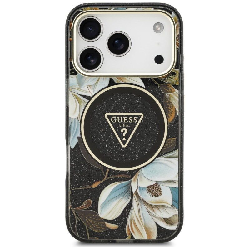 Θήκη Guess IML Glitter Flowers Triangle MagSafe για Apple iPhone 18 Pro Max / 17 Pro Max, μαύρη