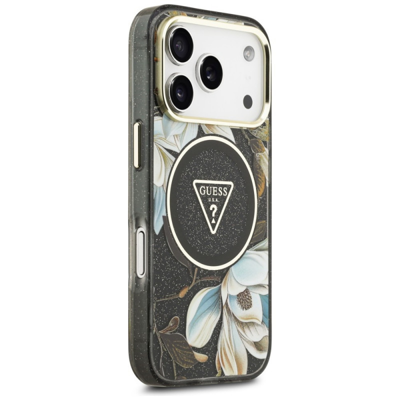 Θήκη Guess IML Glitter Flowers Triangle MagSafe για Apple iPhone 18 Pro Max / 17 Pro Max, μαύρη
