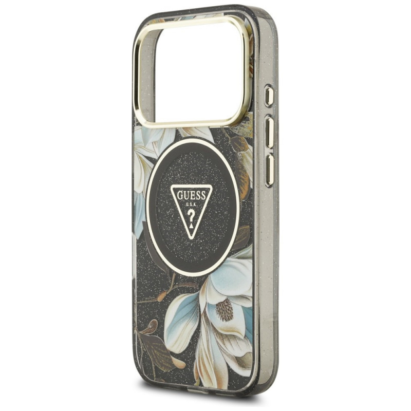 Θήκη Guess IML Glitter Flowers Triangle MagSafe για Apple iPhone 18 Pro Max / 17 Pro Max, μαύρη