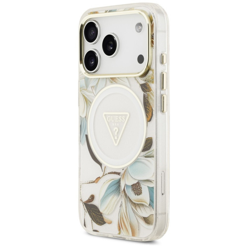 Θήκη Guess IML Glitter Flowers Triangle MagSafe για Apple iPhone 18 Pro Max / 17 Pro Max, Λευκή