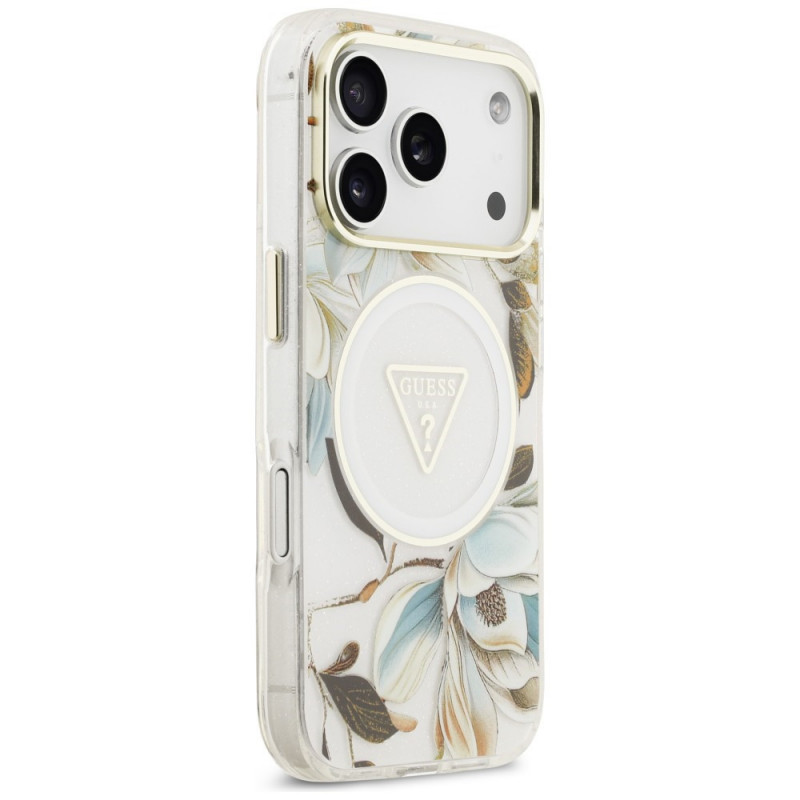 Θήκη Guess IML Glitter Flowers Triangle MagSafe για Apple iPhone 18 Pro Max / 17 Pro Max, Λευκή