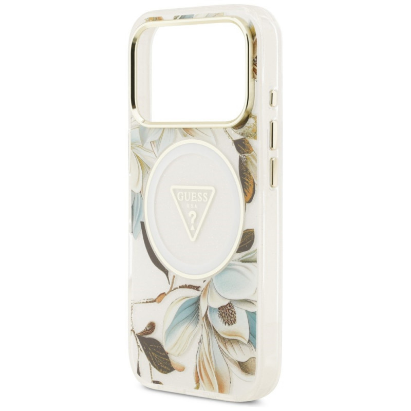 Θήκη Guess IML Glitter Flowers Triangle MagSafe για Apple iPhone 18 Pro Max / 17 Pro Max, Λευκή