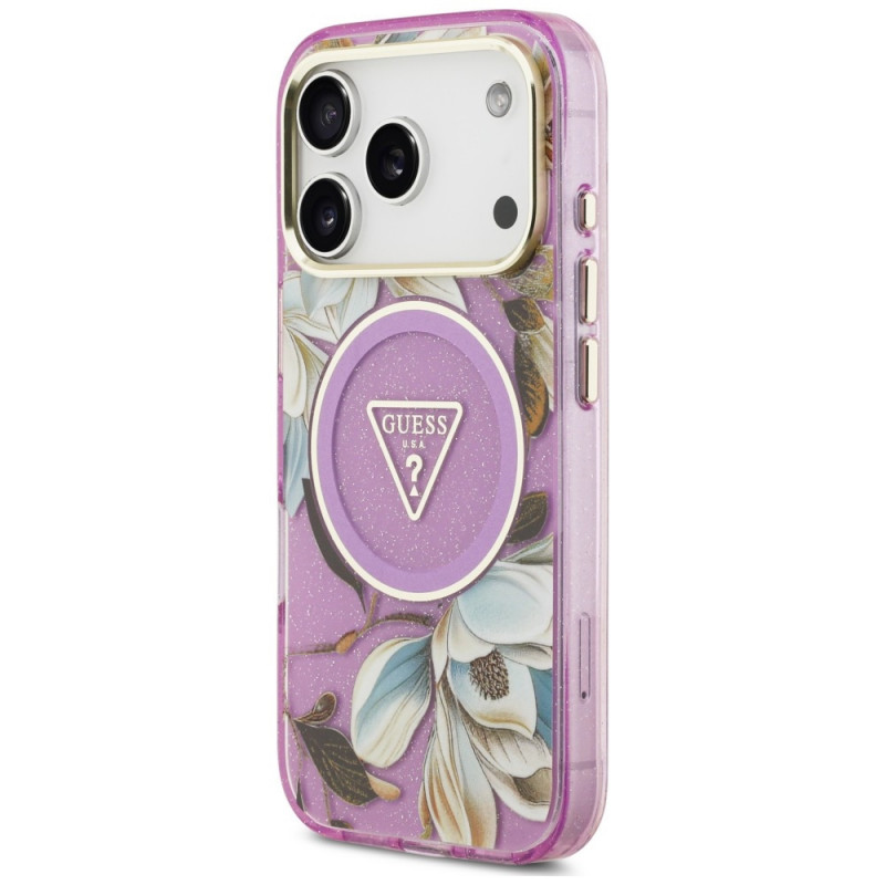 Θήκη Guess IML Glitter Flowers Triangle MagSafe για Apple iPhone 18 Pro Max / 17 Pro Max, μωβ