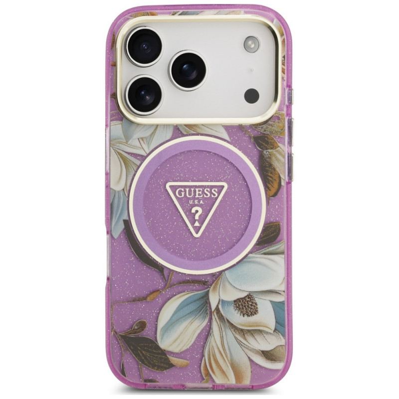 Θήκη Guess IML Glitter Flowers Triangle MagSafe για Apple iPhone 18 Pro Max / 17 Pro Max, μωβ