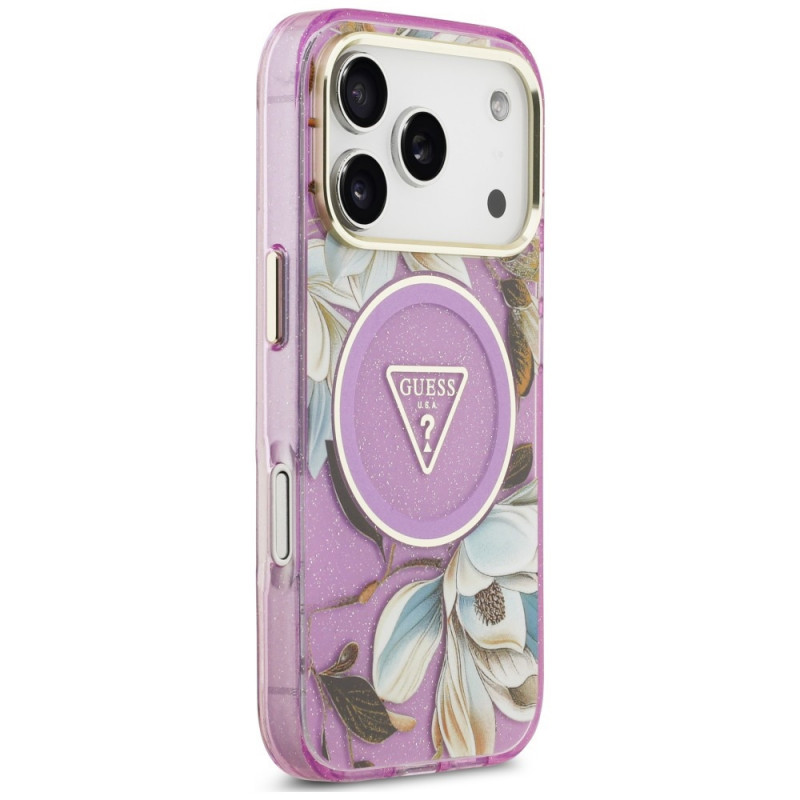 Θήκη Guess IML Glitter Flowers Triangle MagSafe για Apple iPhone 18 Pro Max / 17 Pro Max, μωβ