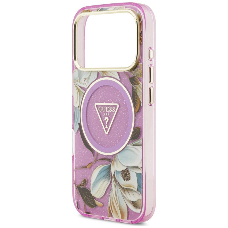 Θήκη Guess IML Glitter Flowers Triangle MagSafe για Apple iPhone 18 Pro Max / 17 Pro Max, μωβ