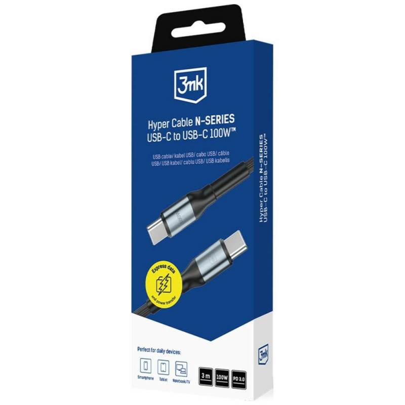Καλώδιο 3MK Hyper Cable N-SERIES USB-C σε USB-C, 3 m, 100 W, Μαύρο