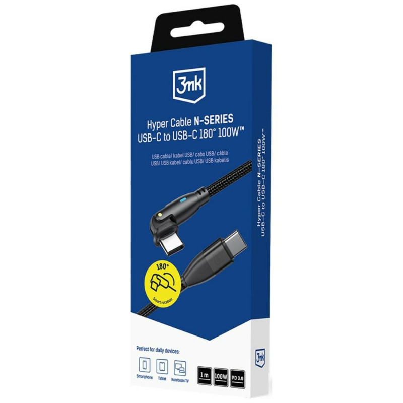 Καλώδιο 3MK Hyper Cable N-SERIES USB-C σε USB-C με περιστρεφόμενο άκρο 180°, 1 m, 100 W, μαύρο