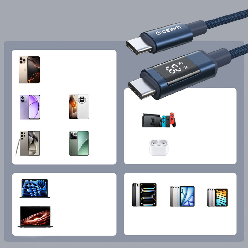 Choetech XCC-1068 PD 60W καλώδιο USB-C σε USB-C με οθόνη, 1,2 m, μπλε