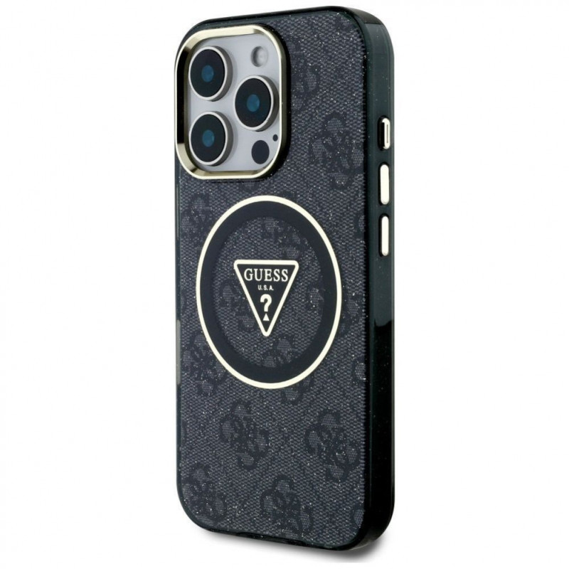 Θήκη Guess GUHMP16LHG4PRTGK IML Metal Glitter 4G Circle Triangle MagSafe για Apple iPhone 16 Pro, μαύρη