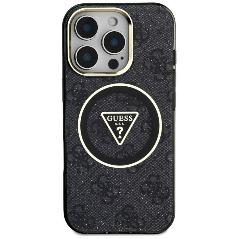 Θήκη Guess GUHMP16LHG4PRTGK IML Metal Glitter 4G Circle Triangle MagSafe για Apple iPhone 16 Pro, μαύρη