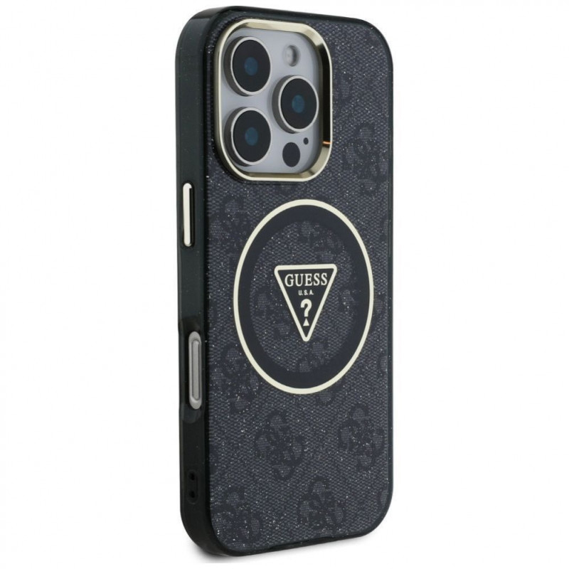 Θήκη Guess GUHMP16LHG4PRTGK IML Metal Glitter 4G Circle Triangle MagSafe για Apple iPhone 16 Pro, μαύρη