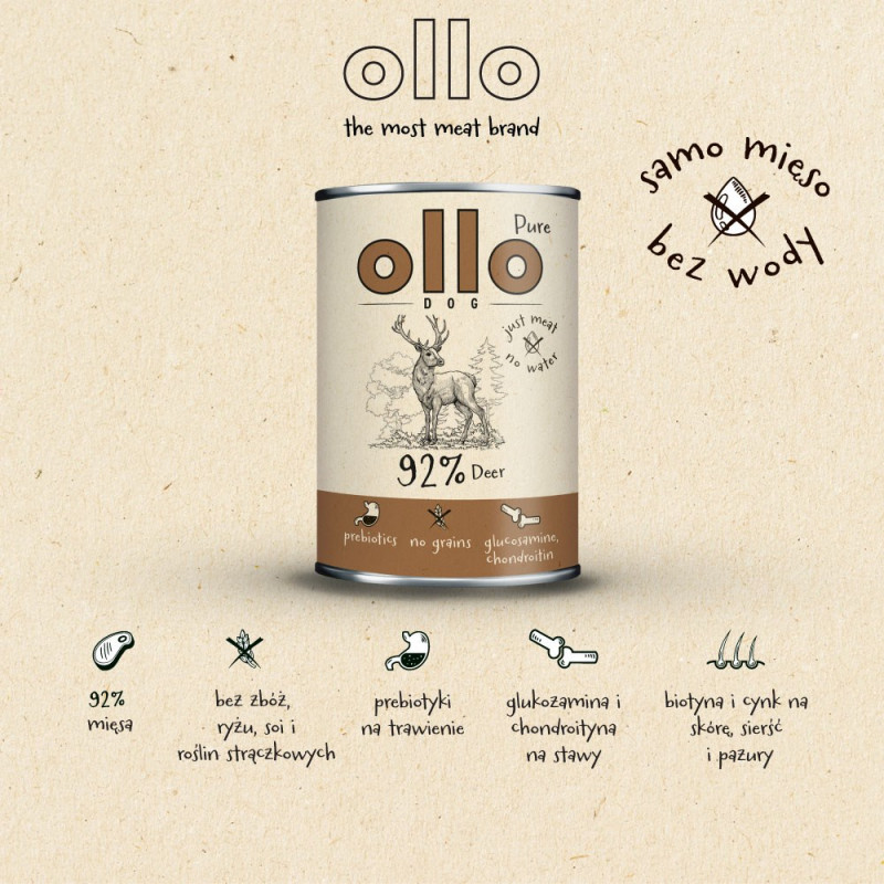 OLLO Υγρή τροφή για σκύλους Pure Deer, 850 g