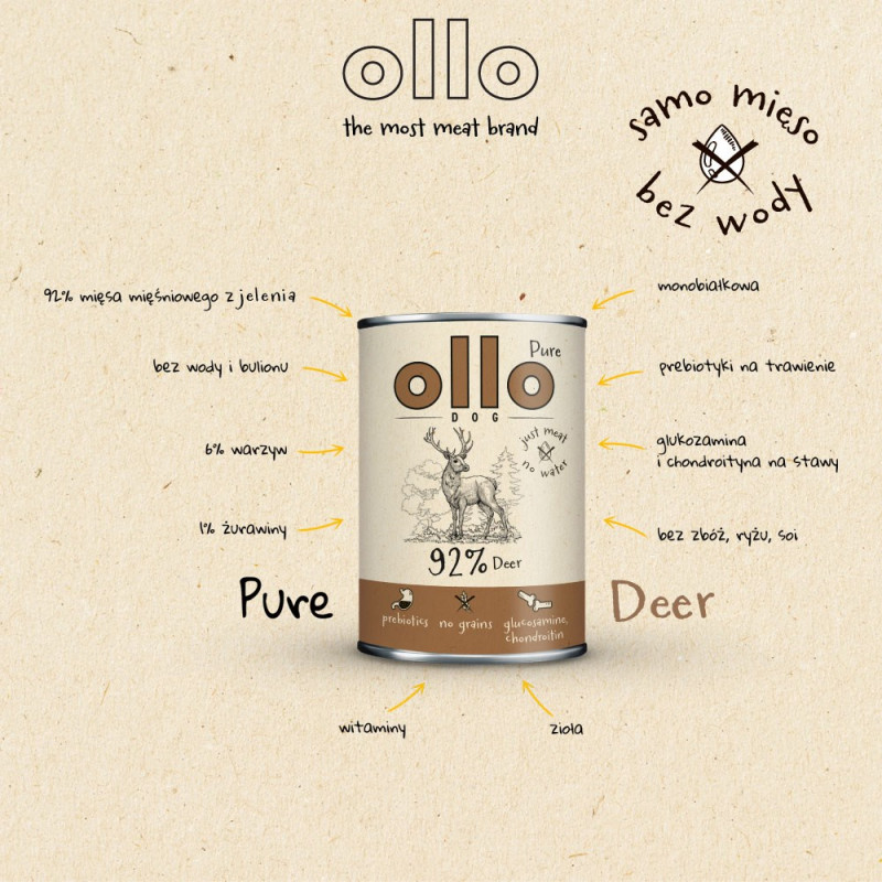 OLLO Υγρή τροφή για σκύλους Pure Deer, 850 g