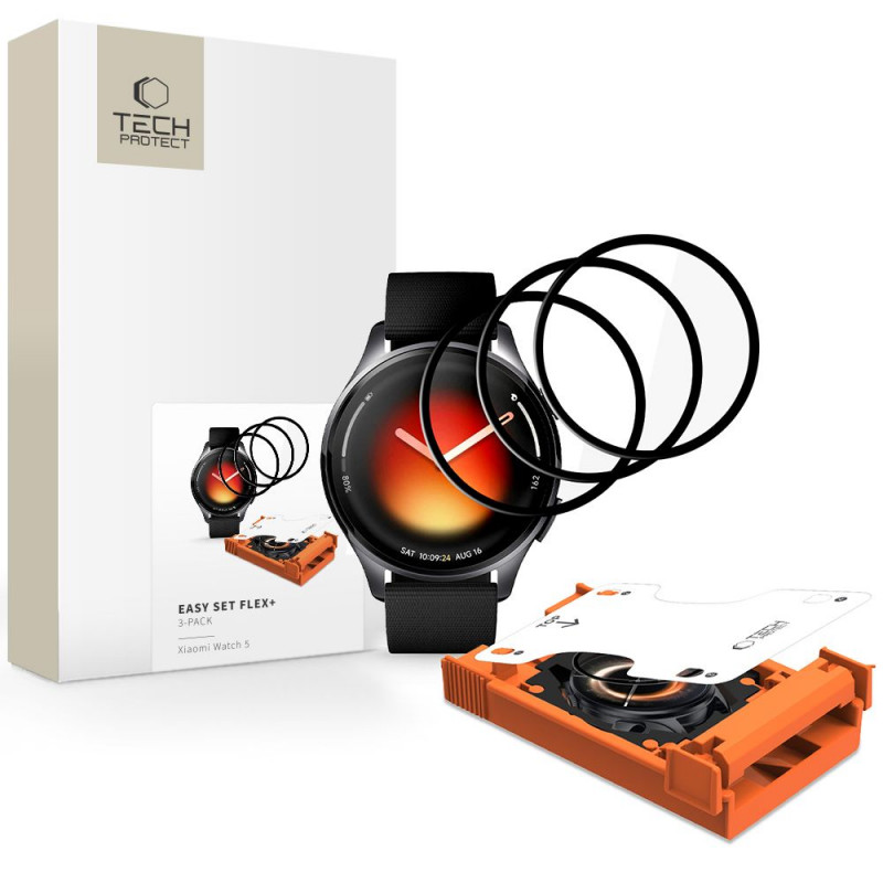 Tech-Protect Easy Set Flex+ Υβριδικό Γυαλί για Xiaomi Watch 5 (3 τεμ.), Μαύρο