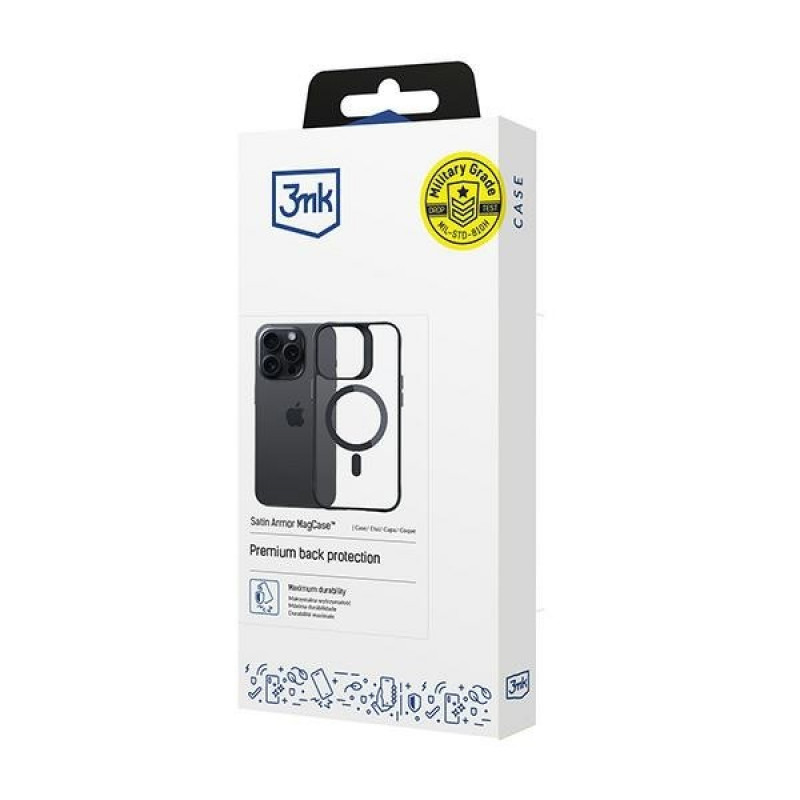 Θήκη smartphone 3MK Satin Armor MagCase MagSafe για Apple iPhone 15 Pro Max, διάφανη με μαύρο πλαίσιο