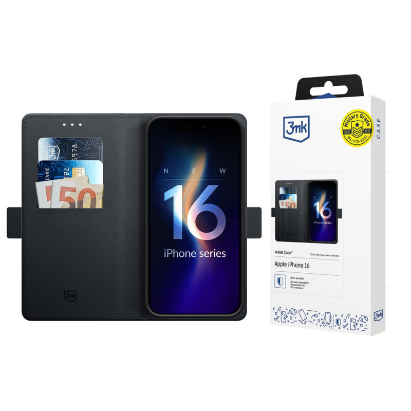 Θήκη πορτοφόλι 3MK για Apple iPhone 16, μαύρη